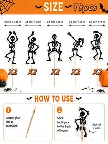 10 piezas/20 piezas Adornos de Esqueleto para Cupcakes de Halloween, Palillos de Esqueleto Bailando para Pasteles, Decoraciones de Postres Espeluznantes, Suministros de Repostería para Fiestas de Halloween - Ver 6