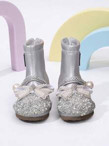 1 Pair Girls' Sweet Thermal Lined Silver Pearl Bow Rhinestone Ankle Boots, Suitable For Winter School, Outings And Shopping - Silver - View 3