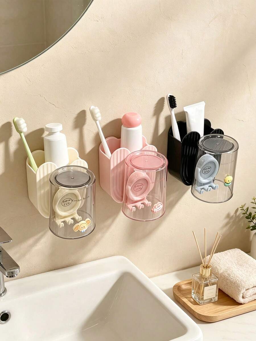 1PC/5PCS Punch-Free Wall Mount Toothbrush Storage Holder, Transparent Detachable Mouthwash Cup Included, Cartoon Print Bathroom Tooth Gear Organizer, Multifunctional Washroom Rack For Toothpaste & Toothbrush, Sweet Household Bathroom Storage Decor