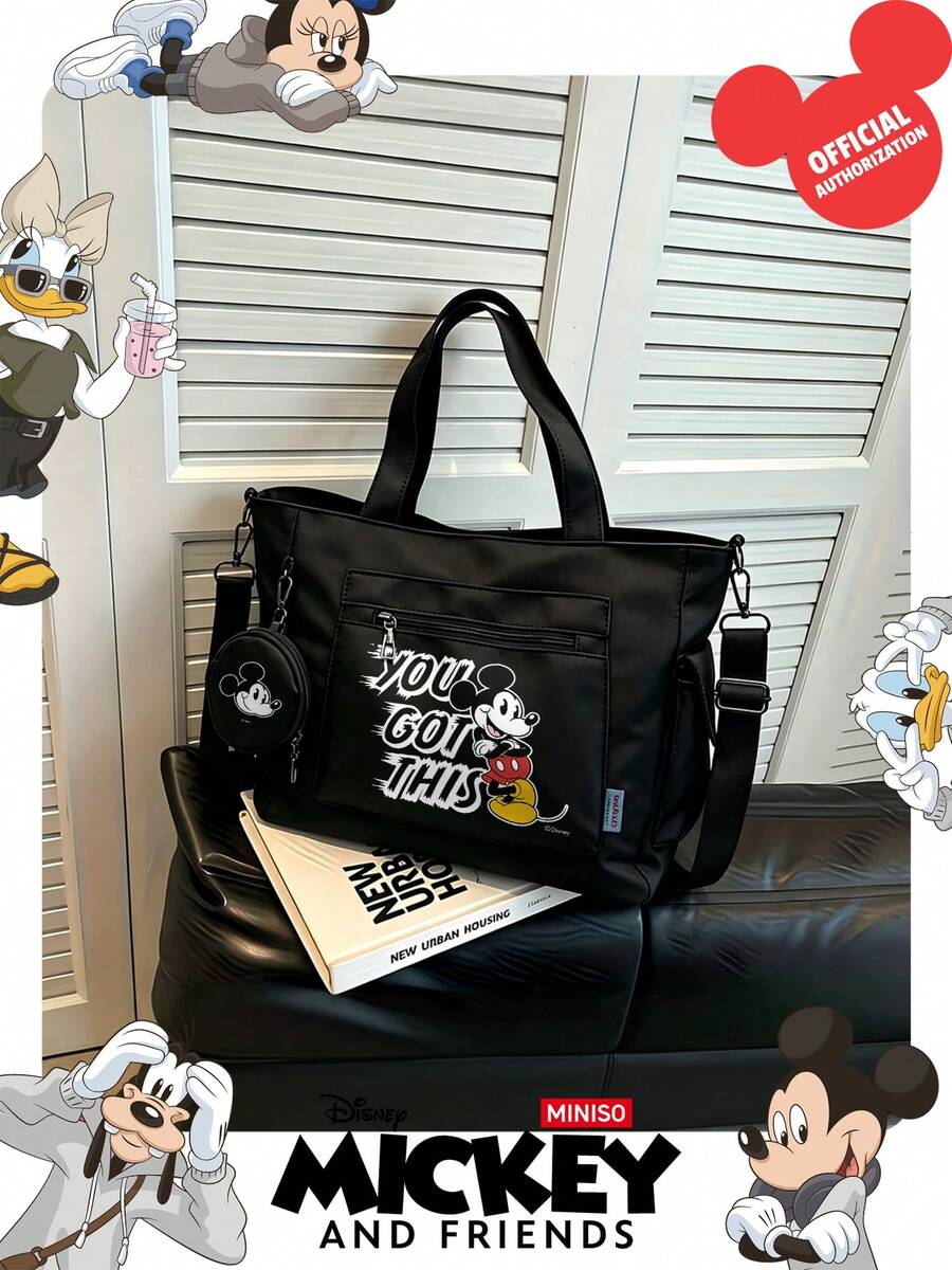 Miniso 迪士尼米奇鼠「You Got This」文字印花托特包 2 件組,附零錢包,適合工作、旅行、購物與日常使用 - 黑色 - 查看 1