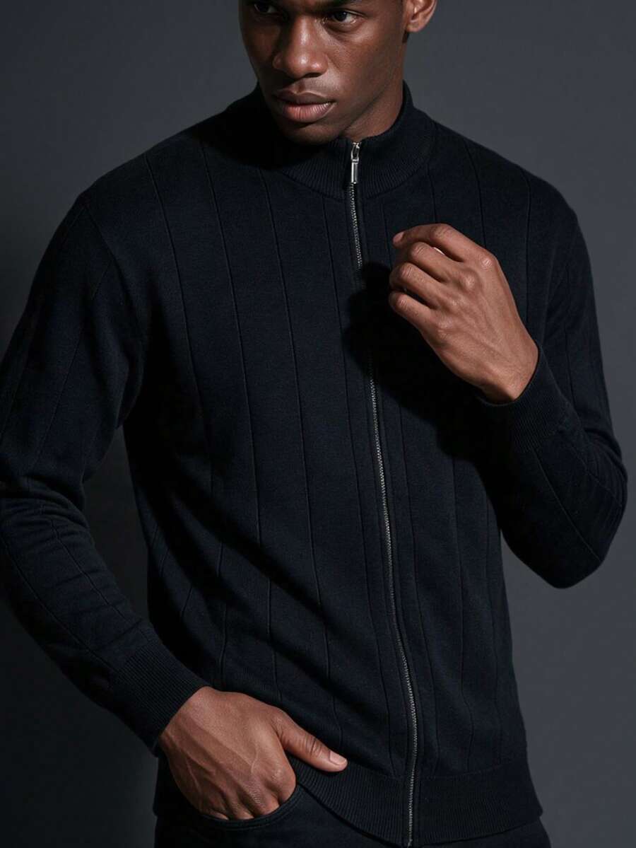 Camvyn Men's Casual Fashion Striped Slim Fit Regular Shoulder Cardigan Long Sleeve Sweater - Black - View 1
