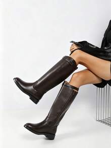 Women's Knee High Riding Boots, Classic Buckle Strap Round Toe Low Heel Side Zip Tall Boots, Casual Fall Winter Shoes - COFFEE - View 1