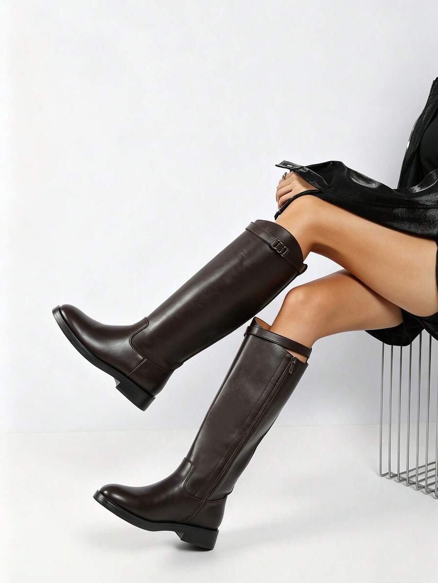 Women's Knee High Riding Boots, Classic Buckle Strap Round Toe Low Heel Side Zip Tall Boots, Casual Fall Winter Shoes - COFFEE - View 1