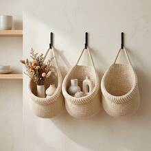 3PCS Hanging Woven Basket Set With 3 Sizes, Boho Rope Crochet Wall Hanging Storage Baskets With Hanging Loops, Decorative Multipurpose Space Saving Wall Organizer For Bathroom Bedroom Living Room Kitchen Entryway Plants Towels - Khaki - View 7