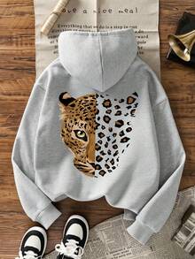 Women's Hooded Sweatshirt, New Autumn/Winter Leopard Print & Leopard Pattern Graphic, Drawstring Design, With Pockets, Casual Versatile Loose Fit Top, Fashion Daily Wear - Dark Gray - View 10