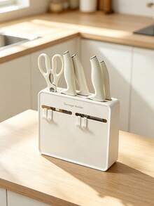 1set Cream Style Kitchen Knife Block With Side Hooks, Countertop Multi-Functional Knife & Scissor Holder, Kitchen Utensil Storage Organizer - Multicolor - View 4