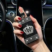 Creative Bling Car Key Case (Upper & Lower Rhinestone Decor + Crown Pattern) New Car Key Pouch Suitable For Home Keys And Car Keys Storage, Car Accessories Unisex - Sparkly Pattern On Top and Bottom - View 8