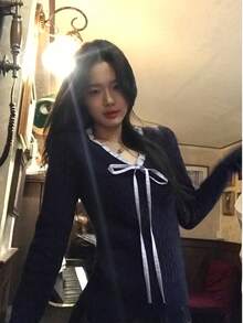 Women's College Style Textured Knit Sweater, New Arrival, Petite Fit, Long Sleeve, Frill Trim Top - Navy Blue - View 5