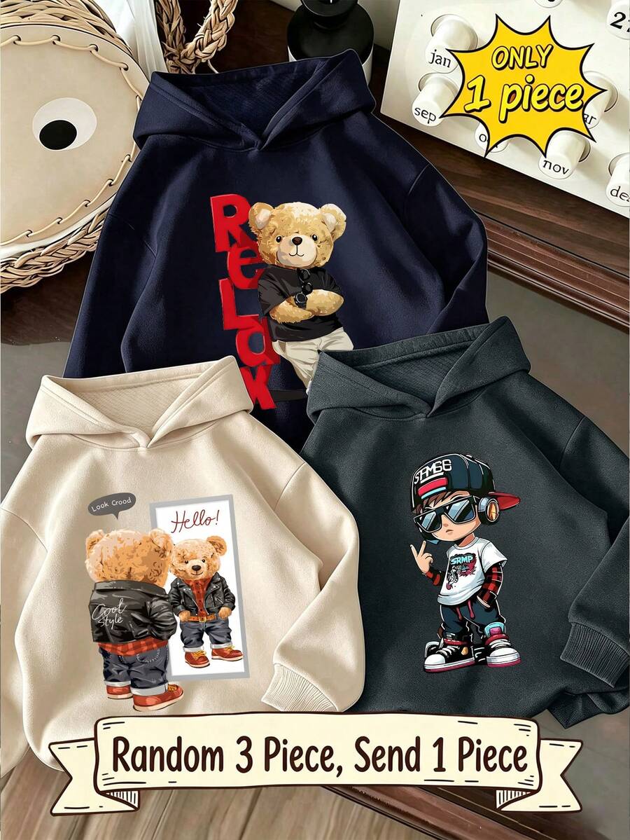 [Random 3pcs, 1pc Sent] Tween Boy Casual Sports Graphic Print Hooded Sweatshirt, Autumn And Winter Top For Young Students - Multicolor - View 1