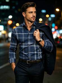 Men's Casual Dress Shirt With Plaid Pattern For Multiple Occasions, Dining And Business - Essential Gift For Men - Navy Blue - View 4