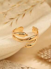 1Pc Elegant Gold Color Copper Irregular Curved Open Ring For Women Daily Birthday Party Jewelry Gift - Multicolor - View 4