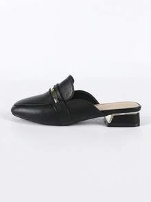 Women's French Style Closed Toe Mule Half-Slip-On Flat Shoes, Shallow Square Toe, Metal Decor, Slip-On Commuter Slippers - Black - View 5
