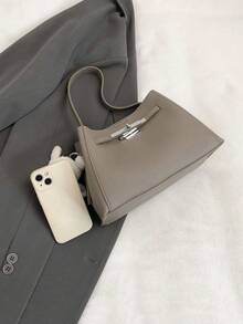 Women's Minimalist Textured Underarm Bag, Metal Buckle Small Shoulder Bag, Fashionable Versatile Daily Commute Handbag - Grey - View 8