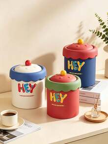 1pcsVibrant Plastic Cylindrical Storage Canister, Wavy Edge Lid With Round Knob & HEY Letter Print, Sealed For Sundries, Multi‑Purpose Desktop Container, Works As Small Tabletop Trash Can, For Bedroom, Living Room, Office, All‑Season Home Use - Multiple Styles - View 7