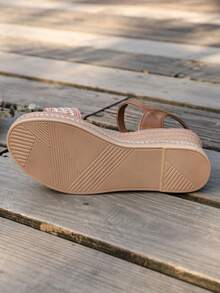 Summer Women's Versatile Fashion Wedge Sandals With Woven Strap And Platform Sole, Height-Increasing Casual Outdoor Shoes For Skirts - Baby Pink - View 5
