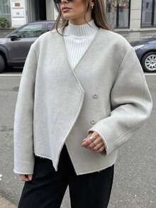 Women's Solid Beige Asymmetric Double-Breasted Collarless Dropped Shoulder Loose Casual Jacket Coat - Apricot - View 3