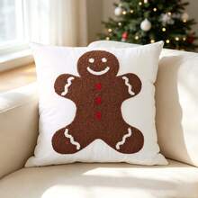 1pc Christmas Gingerbread Man Embroidered Towel Pillowcase, Christmas Embroidery Cushion Cover Holiday Decoration Throw Pillow Case, Without Pillow Insert - White - View 8