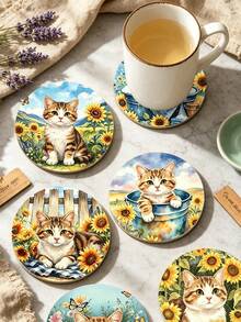 1/6pcs Cute Farm Cat Print Wooden Coasters, Rustic Sunflower Kitten Drink Coaster Set, Coffee Table Heat-Insulating Coasters, Home Decor, Kitchen Bar, Party Tabletop Protection, Non-Slip Beverage Coasters, Cat Lover Housewarming Gift - Multicolor - View 2