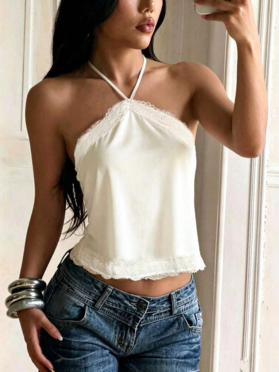 Women's Summer Top, Minimalist Lace Trim Satin Halter Neck Top, Going Out, Date, Vacation, Travel, Tops, Halter Cami, Satin, Y2K, Coquette, Old Money, Date Night