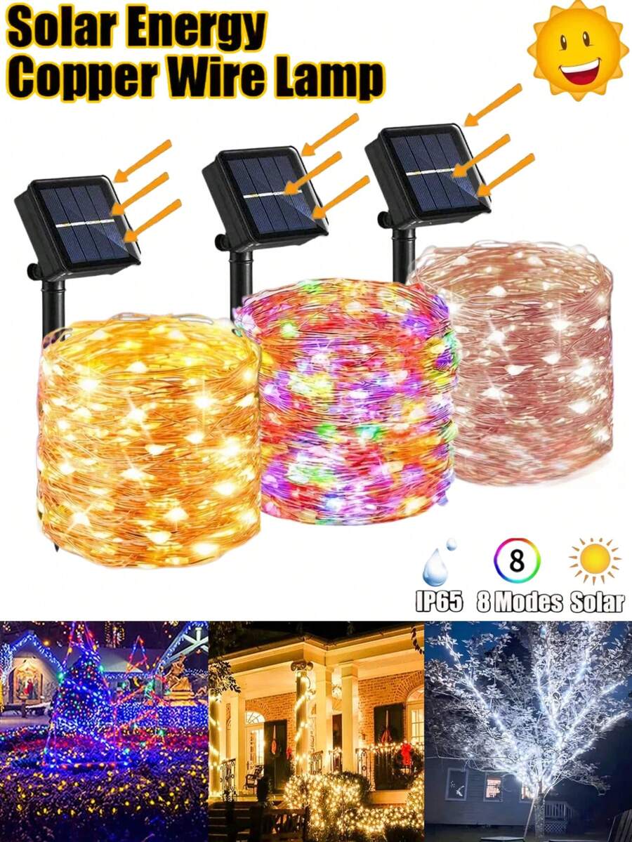 1PC Solar Fairy Light String -32M/22M/17M/12M/7M Outdoor String Light, DIY Copper Wire Material, Waterproof Garden Light, 8 Flashing Modes, Suitable For Gardens, Terraces, Trees, Weddings, Camping, Parties, Parties,Fences,Christmas,Holiday Decoration