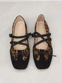 Leopard Print Colorblock Square Toe Ballet Shoes, Black Suede Bow Decor With Cross Elastic Straps, Classic Wild Leopard Print With Black Faux Suede Patchwork, Spring/Autumn Women's Shallow Flat Shoes - Leopard - View 7