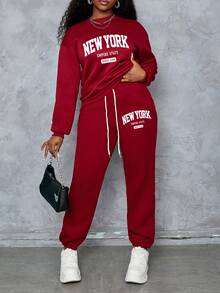 Women's 2 Pieces Loungewear Set, NEW YORK Letter Print Drawstring Crew Neck Sweatshirt And Sweatpants Set, Casual Long Sleeve Loungewear Set, Suitable For Home Wear, Outdoor Sports And Winter Wear - Red - View 5