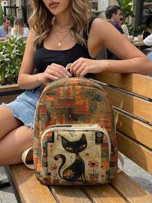 1PC Women's Mini Backpack, Corduroy Girls School Bag, Travel Storage Bag, Kitten Print Design, Large‑Capacity Foldable Easy‑To‑Store Bag, Lightweight & Pressure‑Relieving, Multi‑Pocket Layered Design With Zipper Closure - Kitten 3333455 - View 1