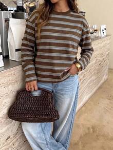 GLAMSKIN Women's Autumn Basic Striped Long Sleeve T-Shirt, Round Neck Drop Shoulder Loose Crop Top, Casual Lazy Style, Back To School Daily Outfit - Brown - View 2