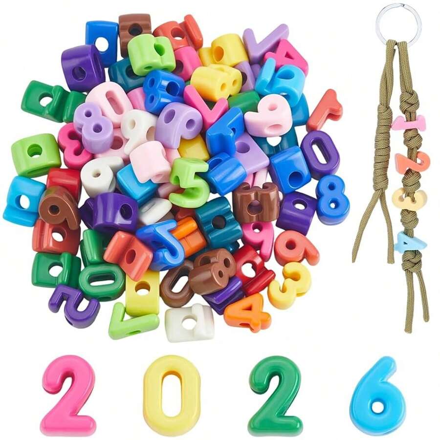 20pcs 3D Number Beads With 2 Strings, Acrylic Large Hole Flat Bubble Spacer Beads Pendant, For Jewelry Making, Keychain, Bag Decoration DIY Craft Accessories - Multicolor - View 1