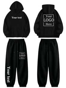 Customized Personalized Autumn/Winter Women's Hooded Sweatshirt & Joggers Set 2 Pieces - Upload Text/Name/Number/Anniversary Date, Add Your Own Photos (Family Photo/Selfie/Pet Photo/Text Image/Logo) To Design Your Personalized Outfit, Personalized Set, Customized Unique Women's Sportswear - Black - View 3