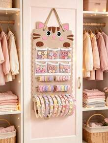 1pc Yellow Tabby Cat Shaped Hanging Storage Bag, Multi-Functional Hair Accessory Organizer, Can Store Hair Clips, Hair Ties And Glasses, Combines Hanging Storage Box And Storage Bag Functions, Suitable For Room Decor, Home Decor, Wardrobe And Dormitory - Yellow - View 1