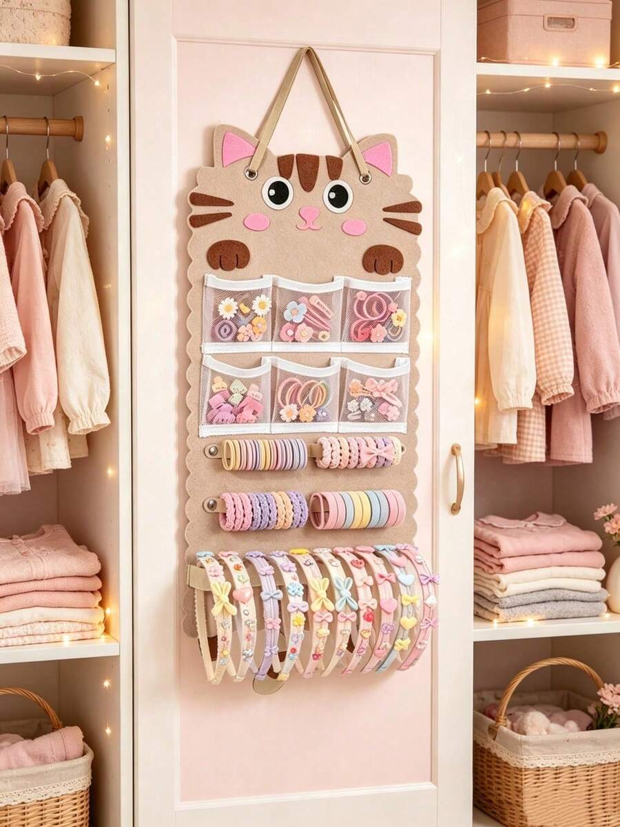 1pc Yellow Tabby Cat Shaped Hanging Storage Bag, Multi-Functional Hair Accessory Organizer, Can Store Hair Clips, Hair Ties And Glasses, Combines Hanging Storage Box And Storage Bag Functions, Suitable For Room Decor, Home Decor, Wardrobe And Dormitory - Yellow - View 1