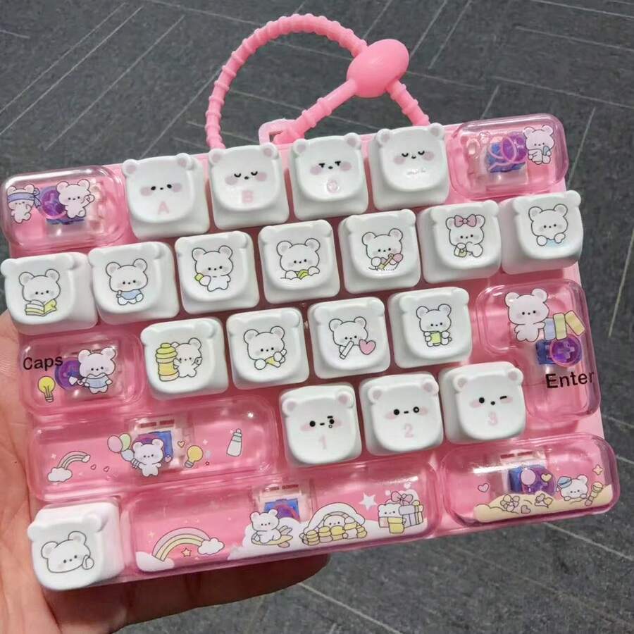 1pc Cute Bear Mini Keyboard Fidget Keychain Toy,Clickable Simulation Keyboard Bag Pendant,Multi‑Color Collectible Desktop Ornament,Holiday Party Gift For Teens & Adults