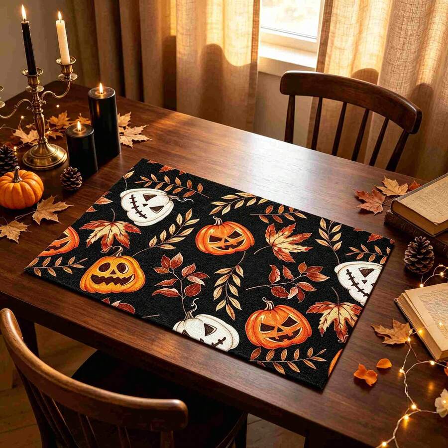 1/4/6pcs Halloween Series Pumpkin & Maple Leaf, Branch Pattern Printed Placemats, Heat Resistant Table Protector For Home Kitchen/Dining Table, Party Scene Decoration