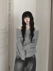 Korean Chic Off-Shoulder Thick Knit Sweater, Women's Autumn/Winter Premium Knit Top - Grey - View 4