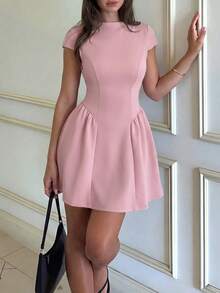 Sweet Pink A-Line Pleated Short Sleeve Mini Dress For Women, Suitable For Autumn Outings, Birthday Parties, Proms - Pink - View 11