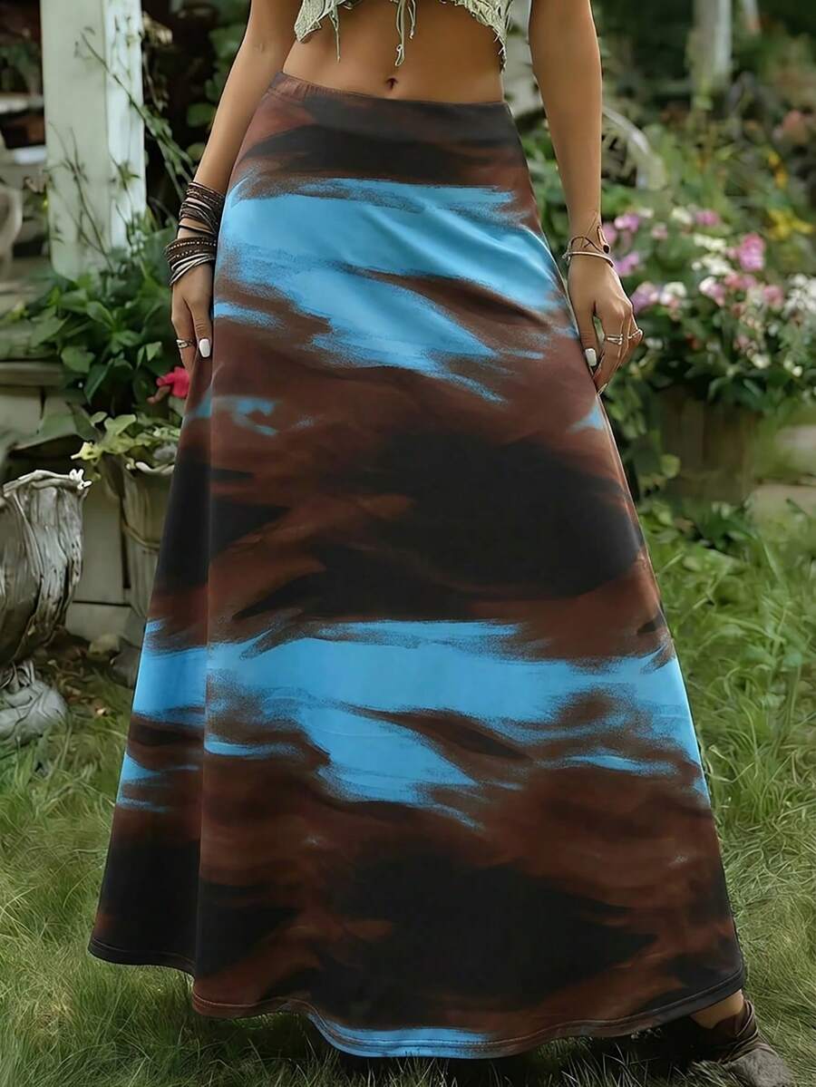 Women's Plus Size Flowy Maxi Skirt, Unique Abstract Print, Knit Fabric A-Line Silhouette, Versatile For Daily Wear - Dark Brown - View 1