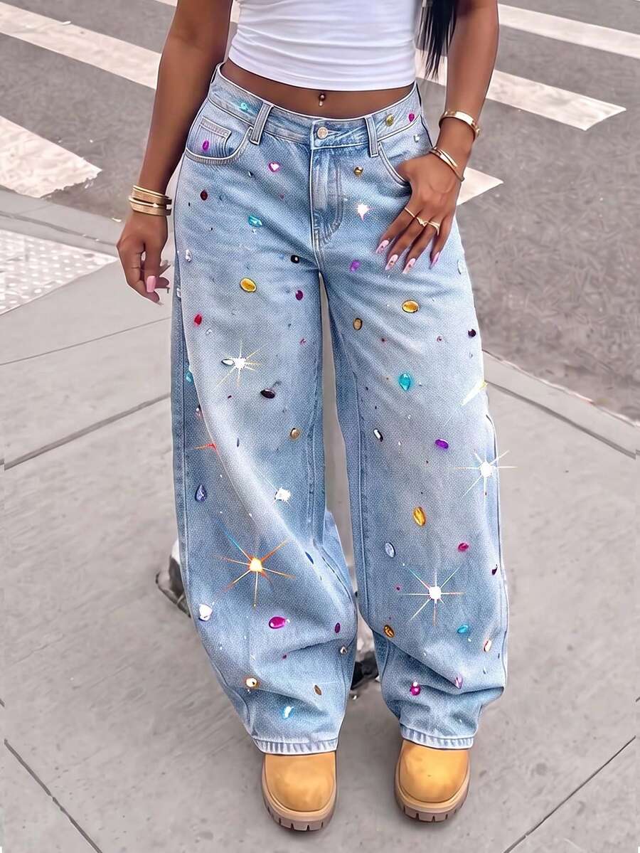 Pearl Decor Low Waist Wide Leg Casual Blue Jeans With Slant Pockets For Women Spring Fall - Blue - View 1