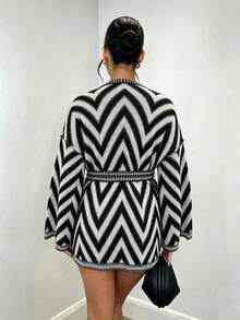 Plus Size Casual Fashion Black & White Striped Belted Long Sleeve Cardigan Sweater - Black and White - View 2