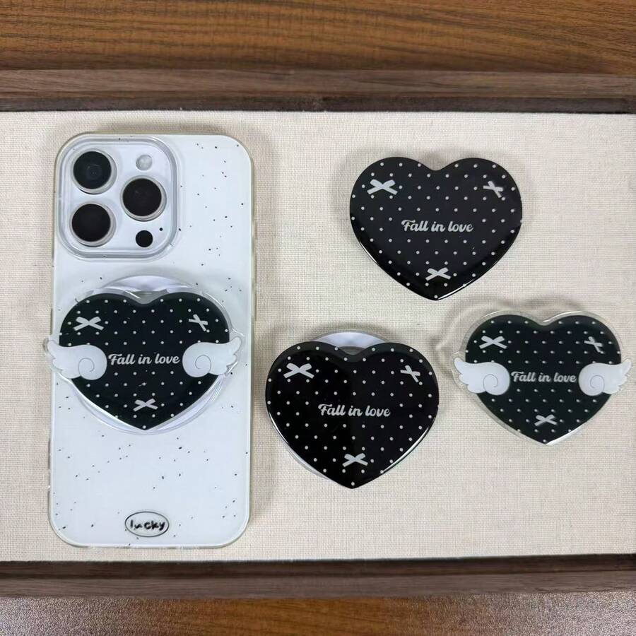 Black Heart-Shaped Phone Push-Pull Stand, Heart-Shaped Magnetic Phone Holder, Adhesive And Magnetic Options, Phone Desktop Stand - Black - View 1