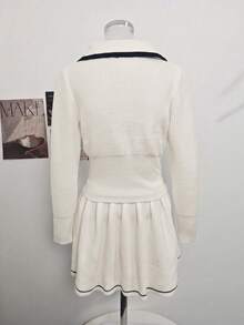 Soft Academy Style Contrast Color Bow White Knit Top & Slimming Waist-Cinching Skirt 2 Pieces Set For Women, Autumn - White - View 7