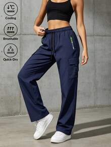Women's Navy Drawstring Waist Cargo Pants, Multi Flap Pockets, Sweatpants For Women, Minimalist Solid Color Fashion Sports Long Pants Winter - Navy Blue - View 1