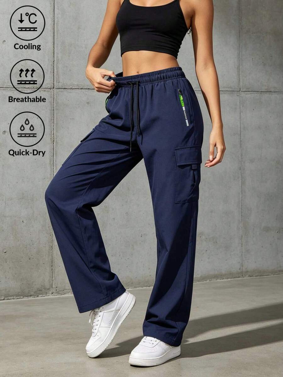 Women's Navy Drawstring Waist Cargo Pants, Multi Flap Pockets, Sweatpants For Women, Minimalist Solid Color Fashion Sports Long Pants Winter - Navy Blue - View 1
