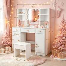 NEW Dressing Table Vanity Table W/ LED Mirror 6 Shelves Makeup Vanity Stool Set - White - View 5