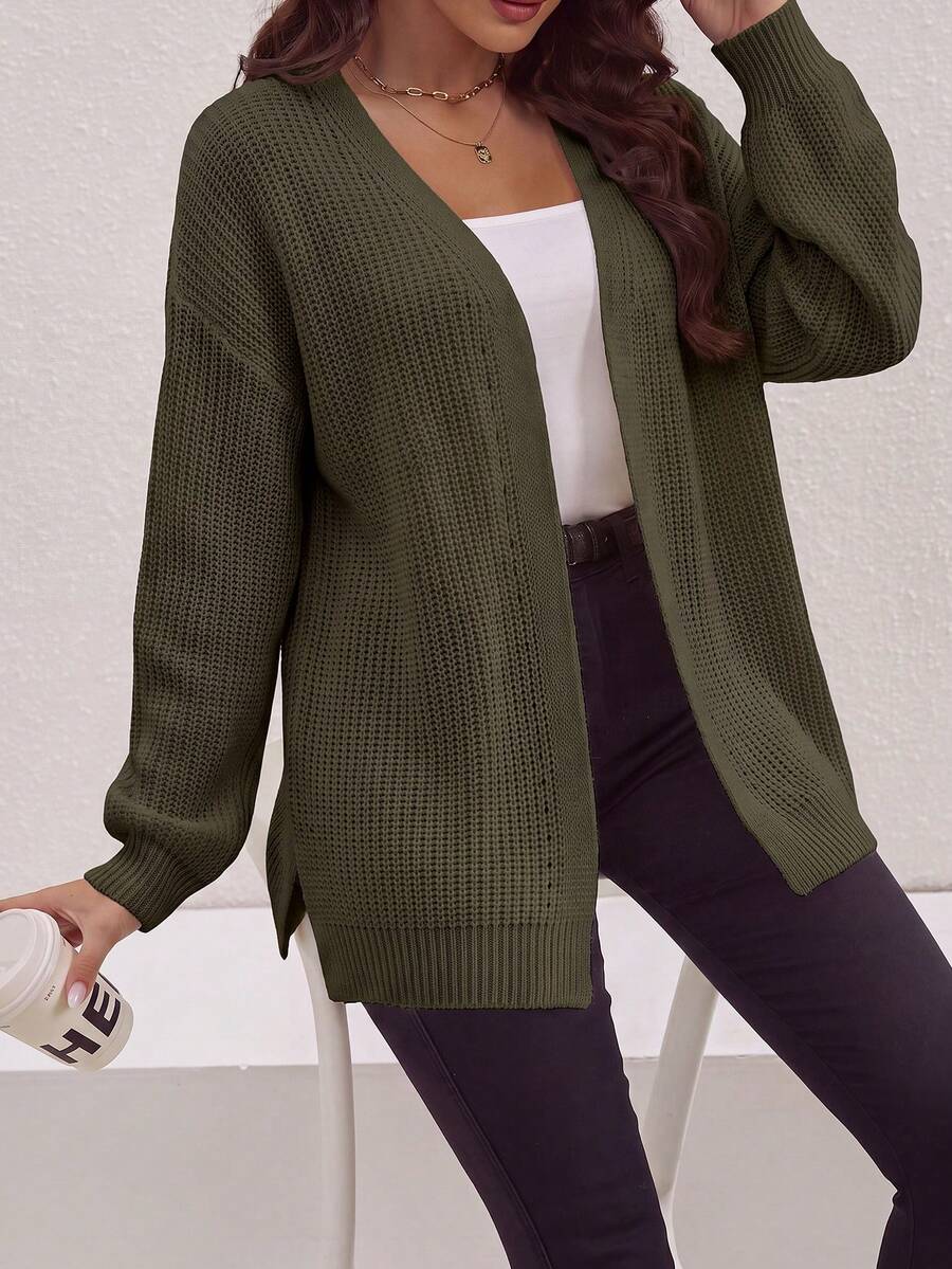 Spring/Autumn Casual Solid Color Side Slit Dropped Shoulder Loose Cardigan - Dark Green - View 1