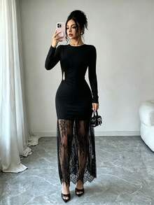Stylish Knitted Long Dress For Women, Featuring A Flattering Bodycon Fit, Round Neck, Long Sleeves, And A Chic Lace Mermaid Hem - Black - View 1