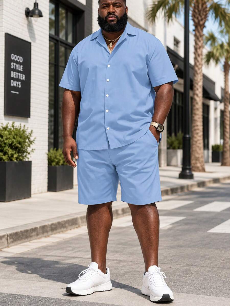 Plus Size Men's Shirt Set, Short Sleeve Shirt And Shorts 2-Piece Set, Solid Color Machine Washable, Plus Size