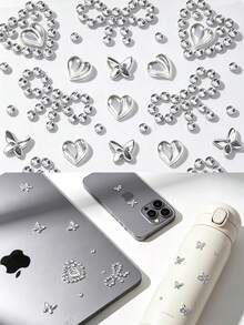 1pc Silver Cool Rhinestone Decor Sticker, Computer Phone Decorative Sticker, Comes With Tweezers, Cold Silver Heart Butterfly Faux Rhinestone Decor Sticker, Compatible With Phone Case, Tablet, Earphone Case - Heart Bow - View 4