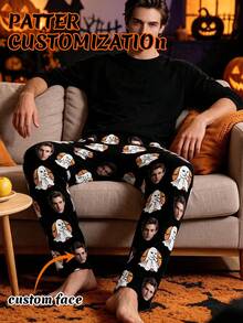 1pc Men's Customized Face Photo Halloween Ghost Moon Pattern Pajama Pants, Personalized Men's Home Sleepwear, Boyfriend Gift - Multicolor - View 2
