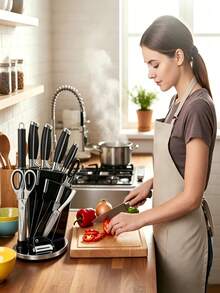 8Pcs Stainless Steel Kitchen Knife Set With Rotating Knife Block, Household Cutting Knives For Meat Vegetables, Countertop Organizer For Kitchen Food Preparation - Multiple Specifications - View 6